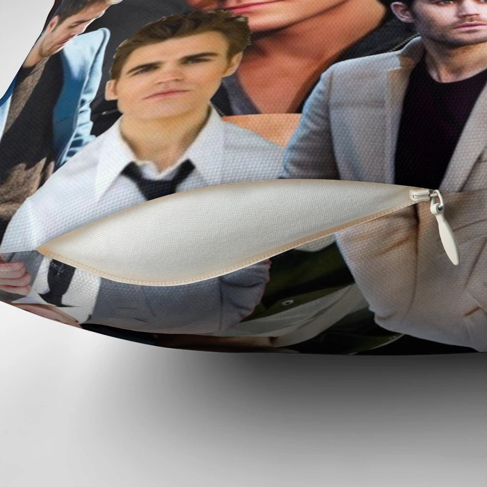 A high-quality throw pillow featuring a collage of images showcasing the actor Paul Wesley.