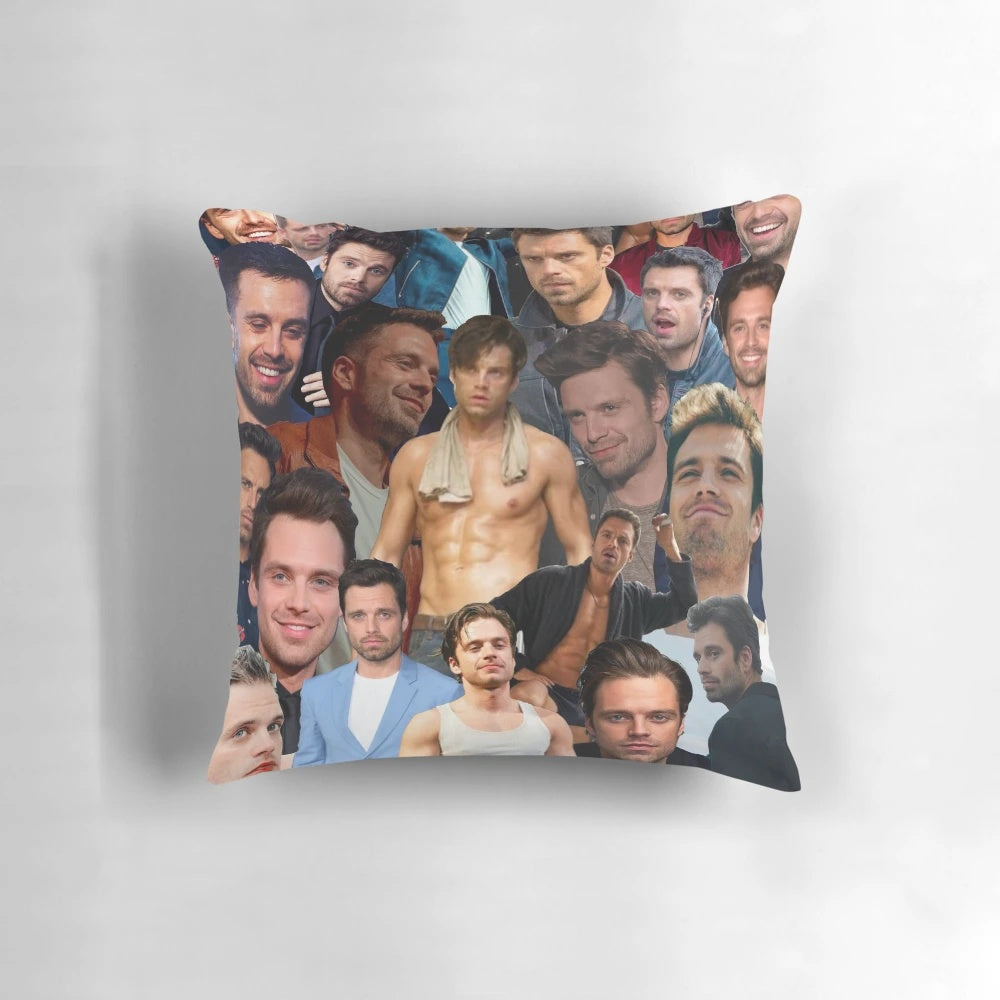 Collage of Sebastian Stan photos printed on a soft, plush pillow