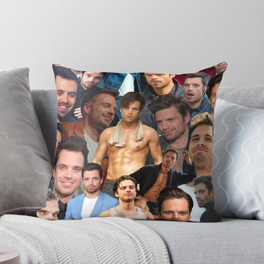 Collage of Sebastian Stan photos printed on a soft, plush pillow