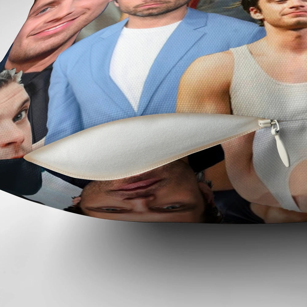 Collage of Sebastian Stan photos printed on a soft, plush pillow