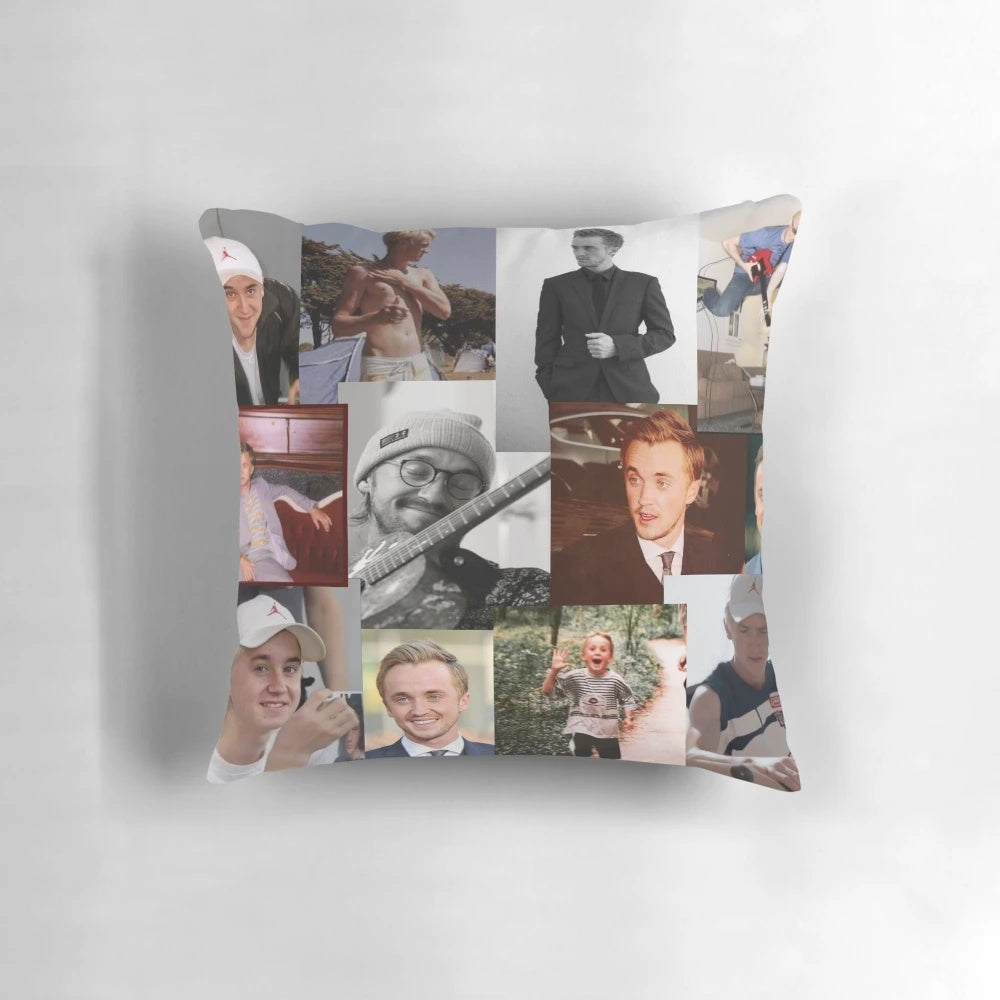 Collage of images featuring actor Tom Felton as the character Draco Malfoy from the Harry Potter series, printed on a soft, comfortable pillow.