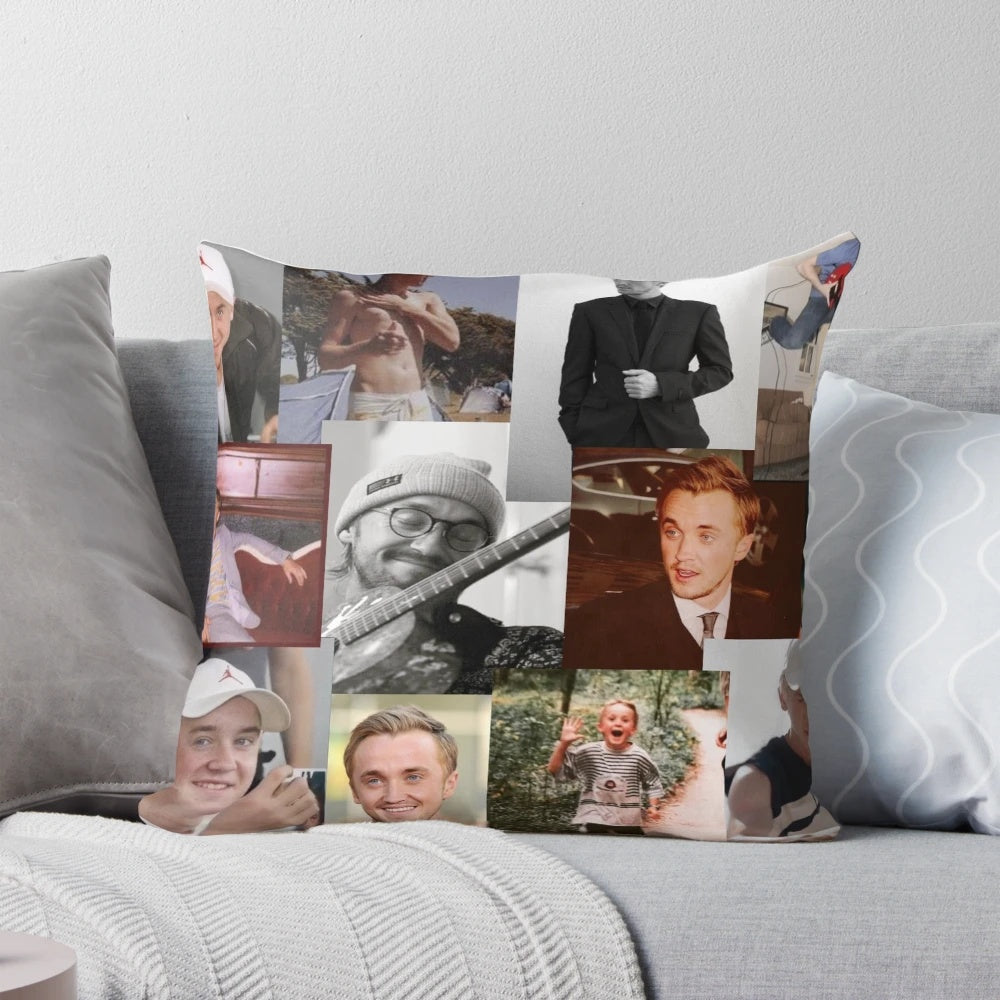 Collage of images featuring actor Tom Felton as the character Draco Malfoy from the Harry Potter series, printed on a soft, comfortable pillow.