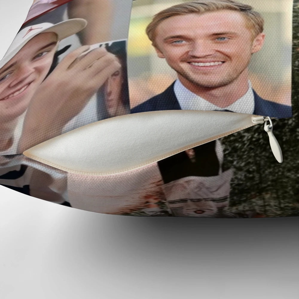 Collage of images featuring actor Tom Felton as the character Draco Malfoy from the Harry Potter series, printed on a soft, comfortable pillow.