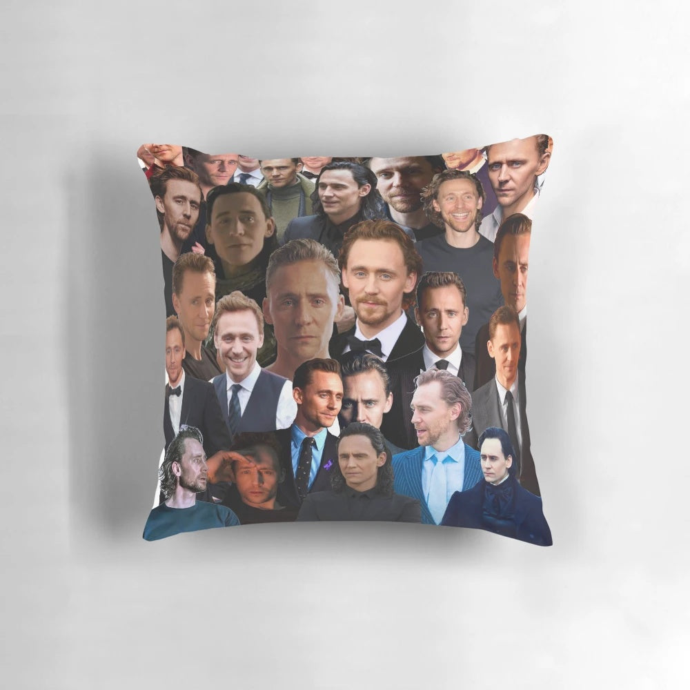 Customized decorative throw pillow featuring a collage of Tom Hiddleston photos