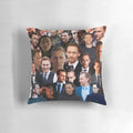 Customized decorative throw pillow featuring a collage of Tom Hiddleston photos