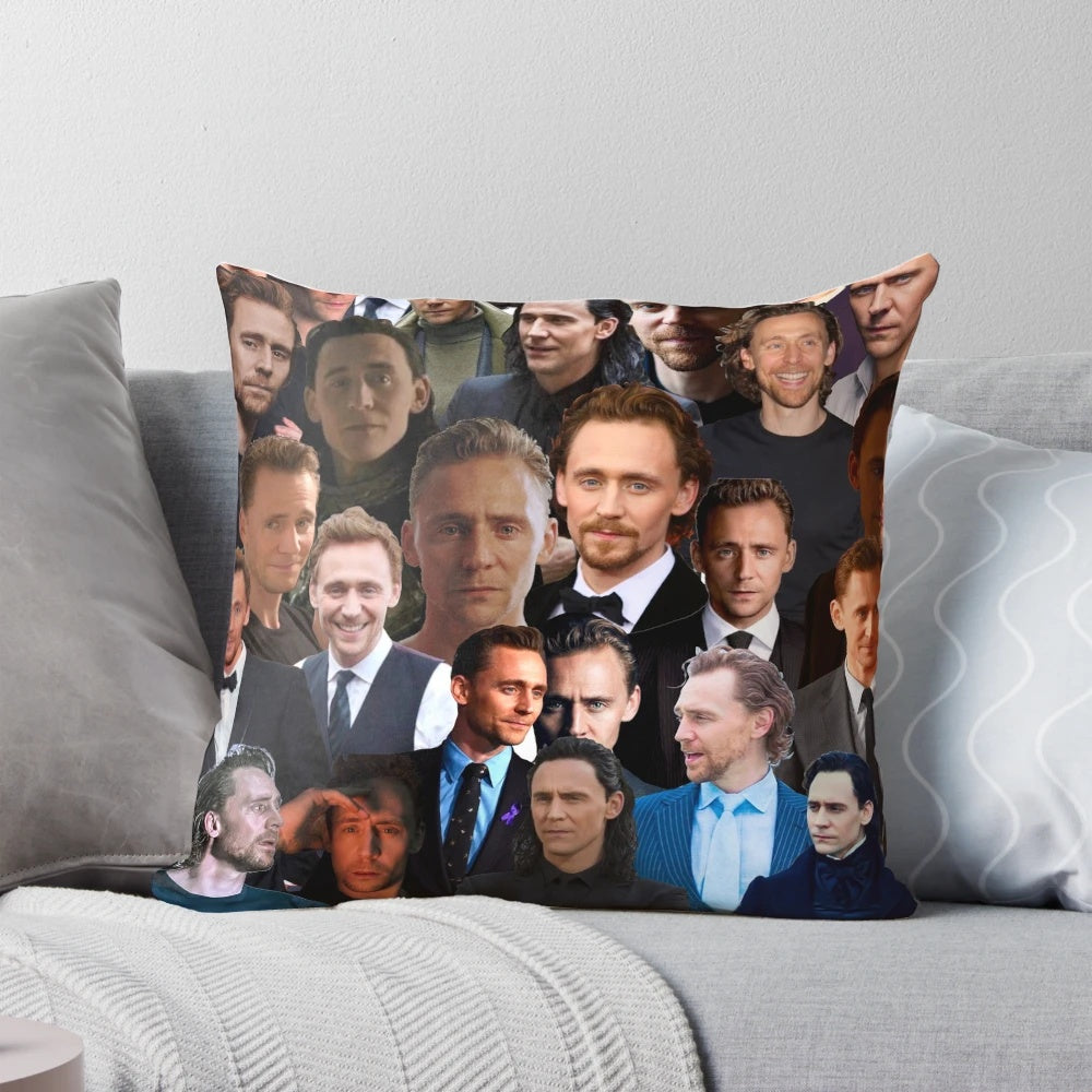 Customized decorative throw pillow featuring a collage of Tom Hiddleston photos