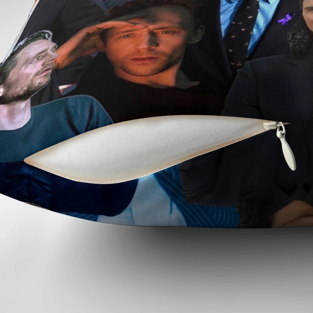 Customized decorative throw pillow featuring a collage of Tom Hiddleston photos