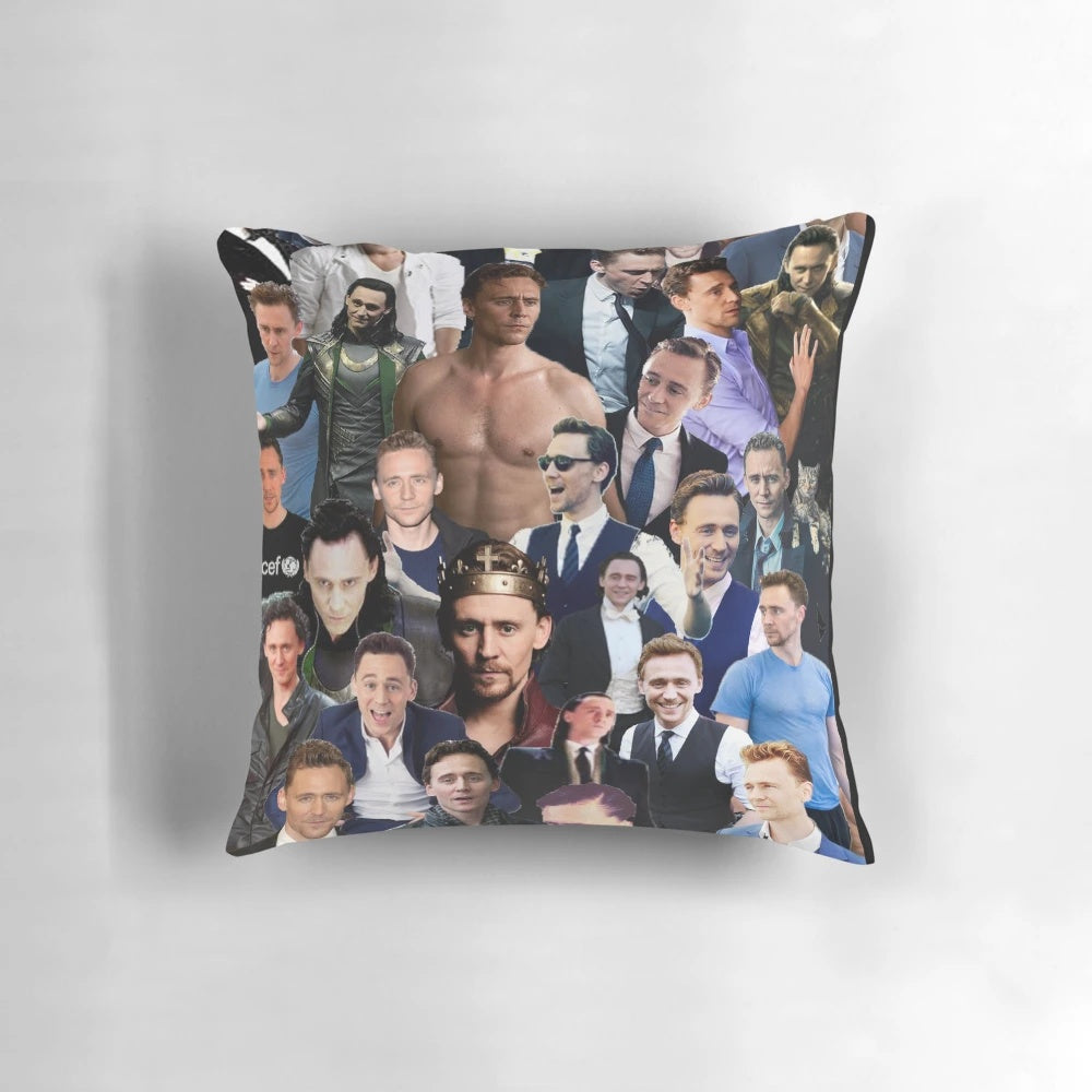 A collage of images featuring actor Tom Hiddleston, known for his role as Loki in the Marvel Cinematic Universe, printed on a soft, comfortable pillow.