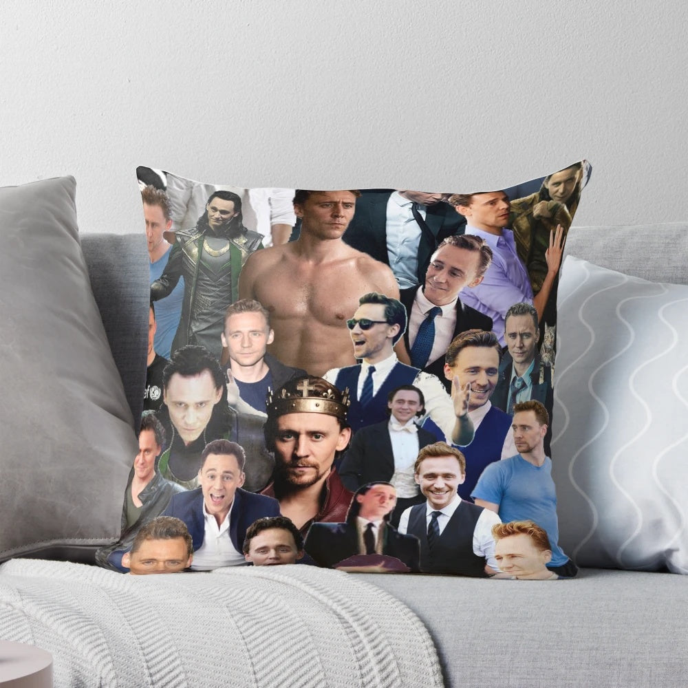 A collage of images featuring actor Tom Hiddleston, known for his role as Loki in the Marvel Cinematic Universe, printed on a soft, comfortable pillow.