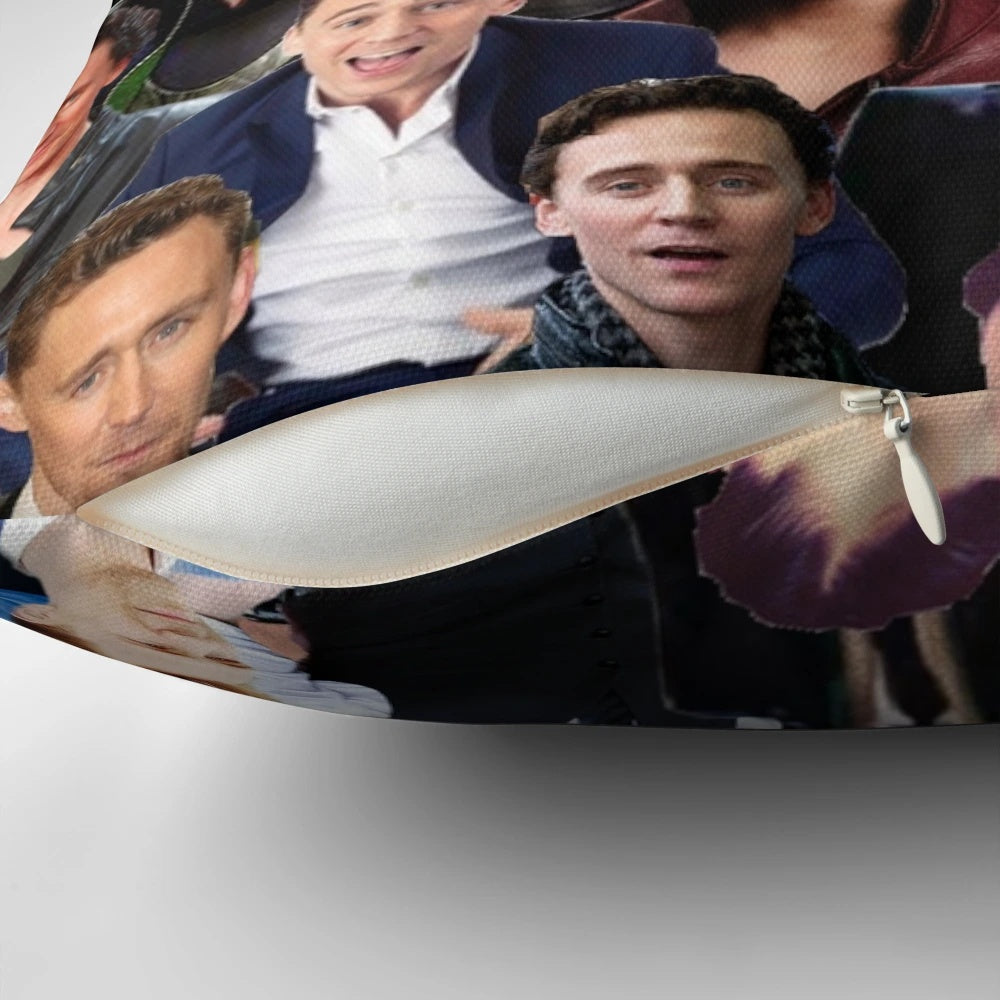 A collage of images featuring actor Tom Hiddleston, known for his role as Loki in the Marvel Cinematic Universe, printed on a soft, comfortable pillow.