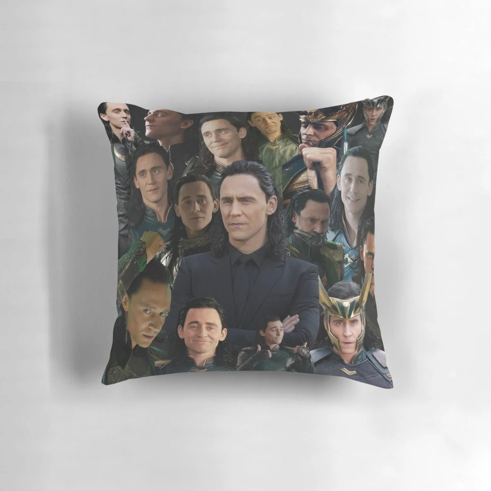 Artistic collage design featuring images of Tom Hiddleston as Loki and Thor