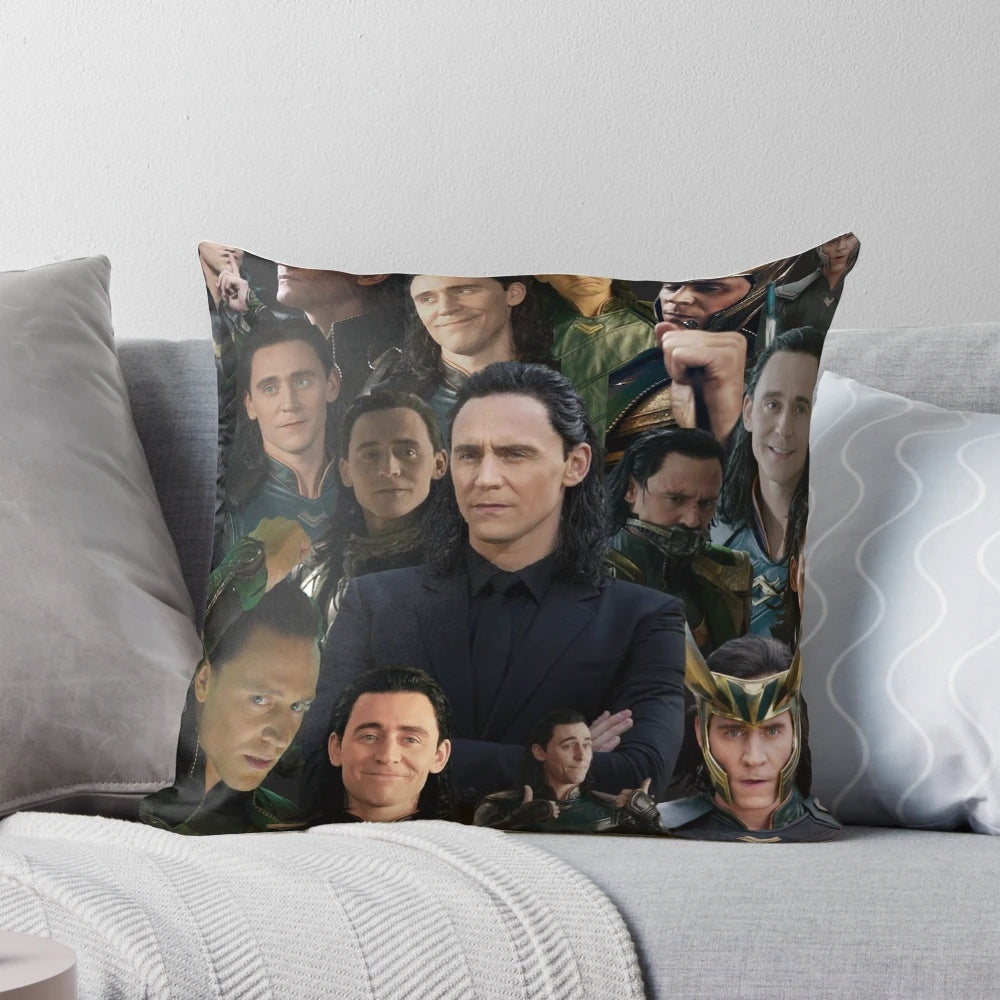 Artistic collage design featuring images of Tom Hiddleston as Loki and Thor