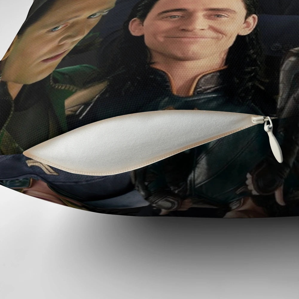 Artistic collage design featuring images of Tom Hiddleston as Loki and Thor