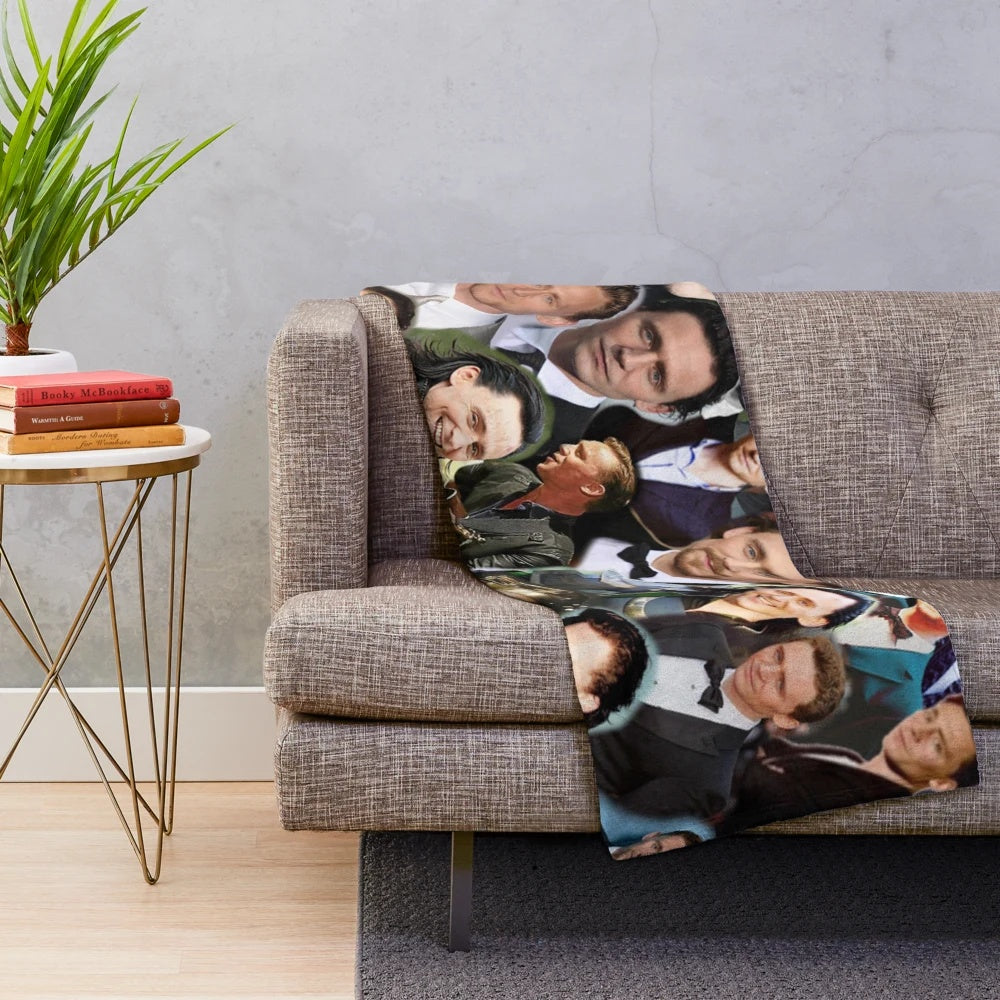 Tom Hiddleston photo collage design on a soft, plush blanket