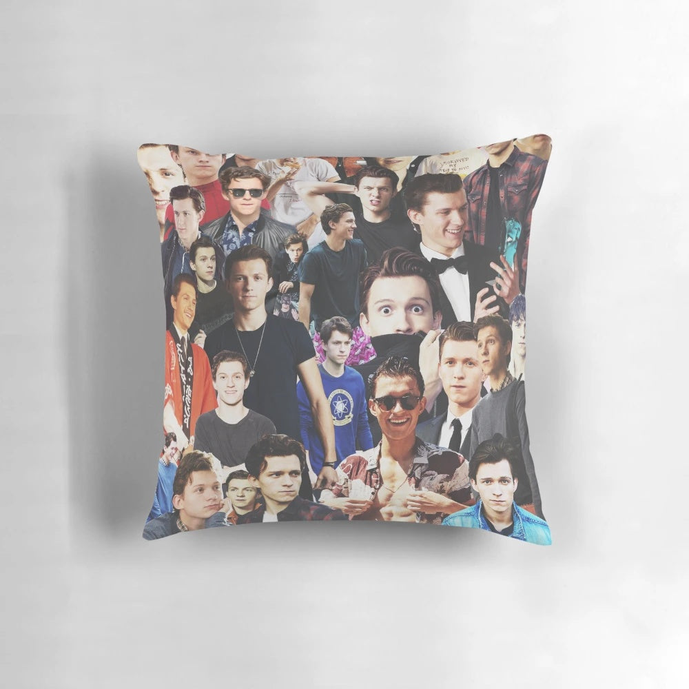Collage image of actor Tom Holland, featuring the focus keyword "tom holland pillow"