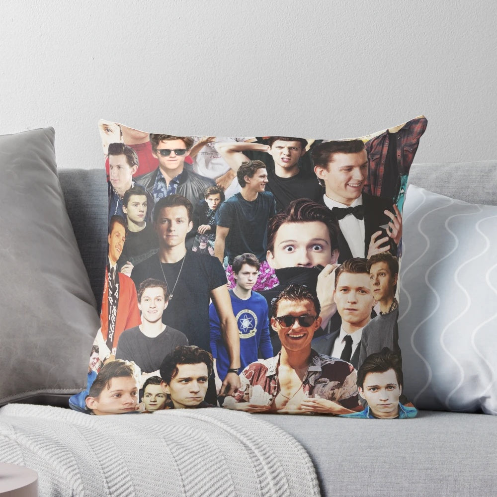 Collage image of actor Tom Holland, featuring the focus keyword "tom holland pillow"