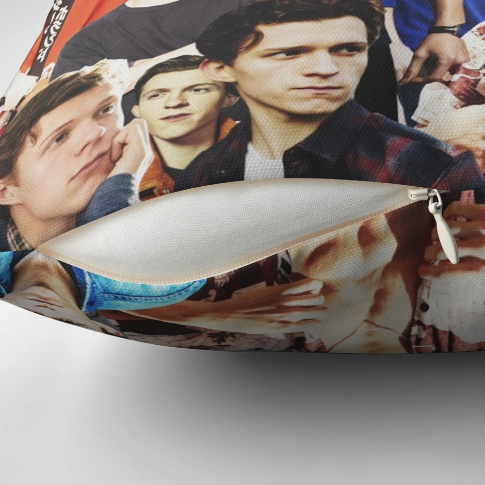 Collage image of actor Tom Holland, featuring the focus keyword "tom holland pillow"