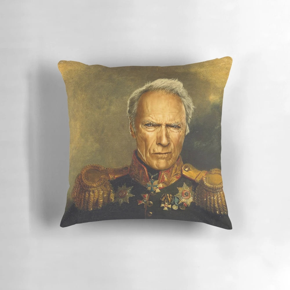 Clint Eastwood portrait pillow with a unique face swap design