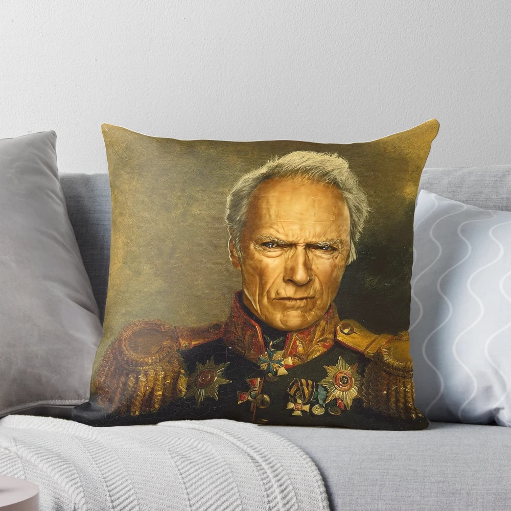 Clint Eastwood portrait pillow with a unique face swap design