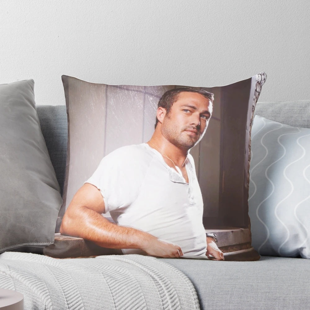 A high-quality pillow featuring the character Kelly Severide from the popular TV show Chicago Fire.