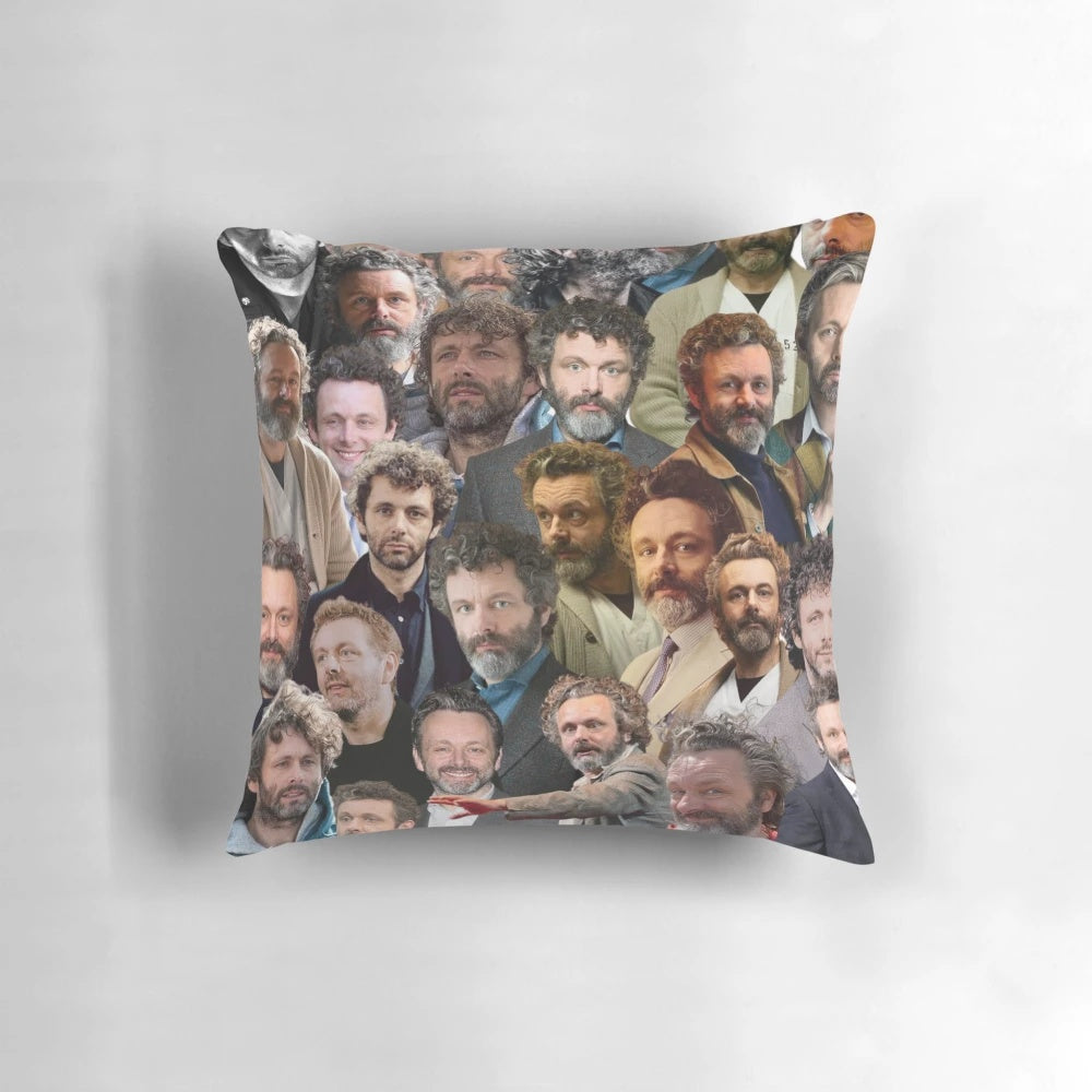 A beautifully designed pillow featuring a collage of photos of the acclaimed actor Michael Sheen.