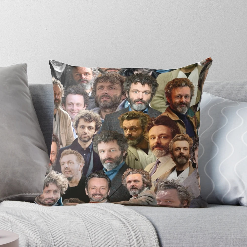 A beautifully designed pillow featuring a collage of photos of the acclaimed actor Michael Sheen.