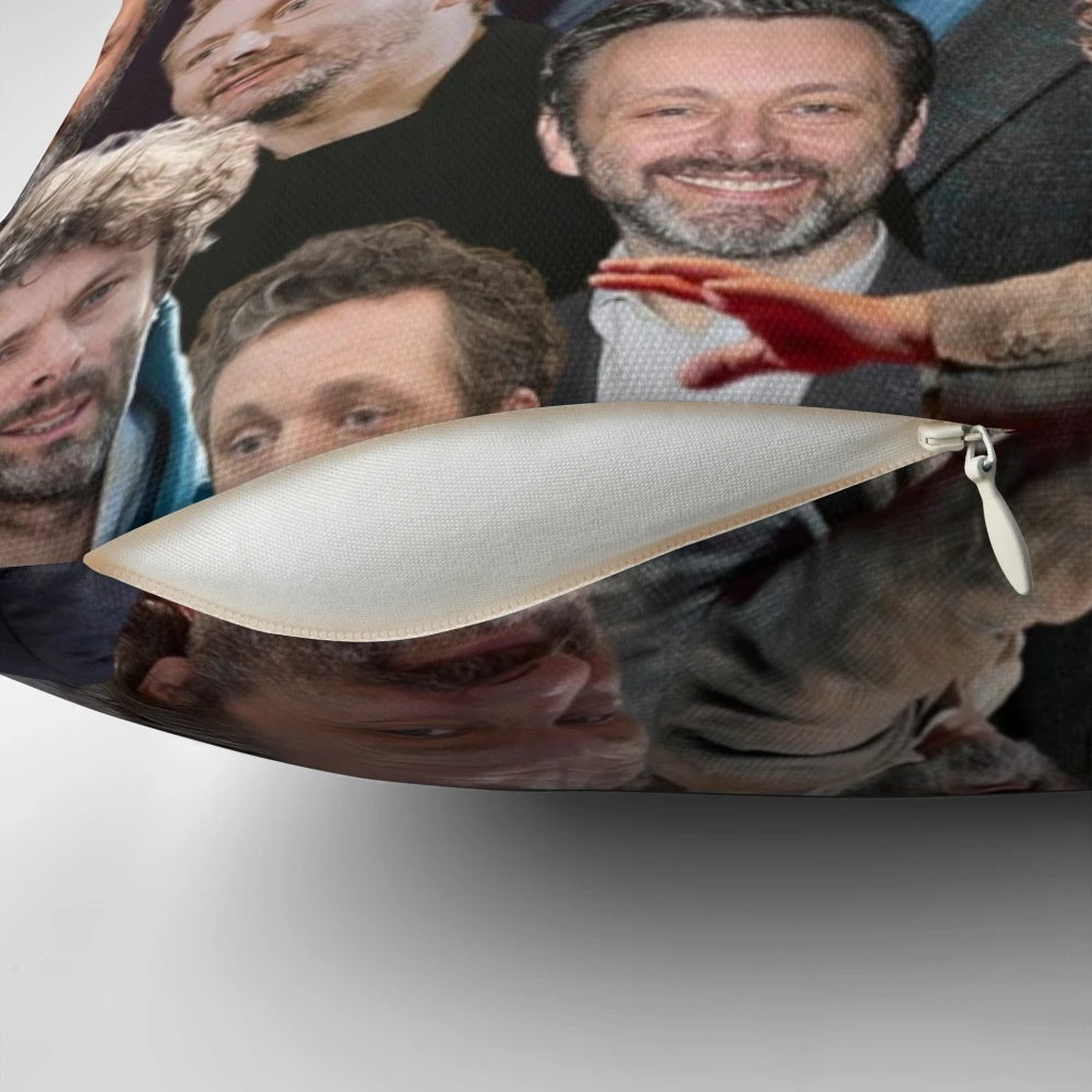 A beautifully designed pillow featuring a collage of photos of the acclaimed actor Michael Sheen.