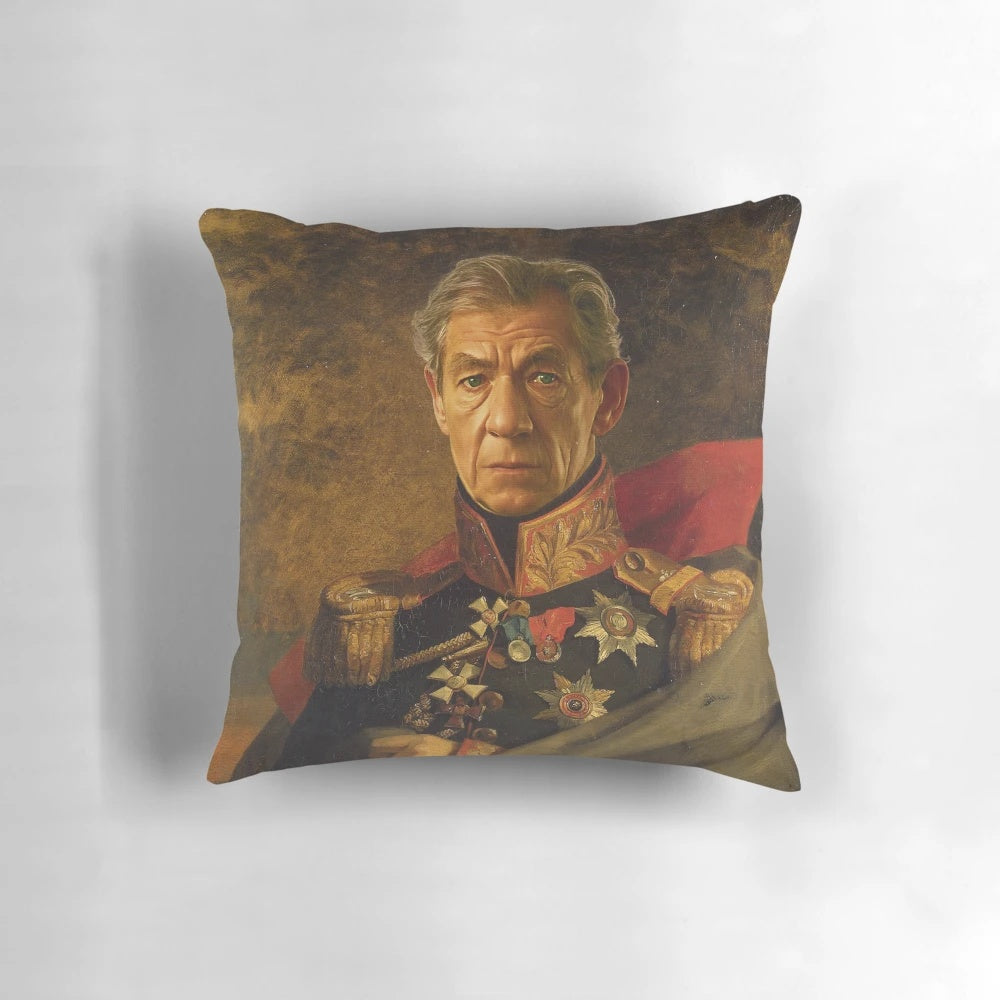Personalized pillow featuring a portrait of renowned actor Sir Ian McKellen