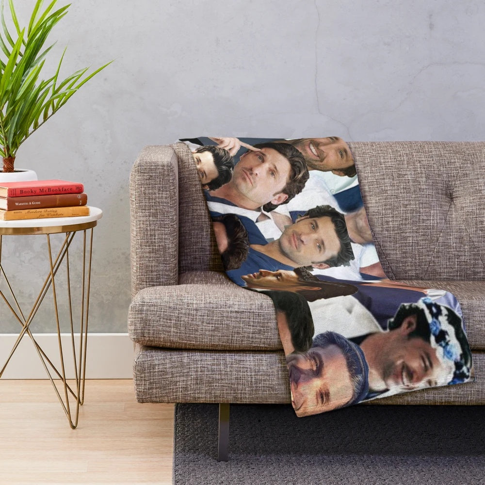 A plush blanket featuring a collage of Patrick Dempsey's photos