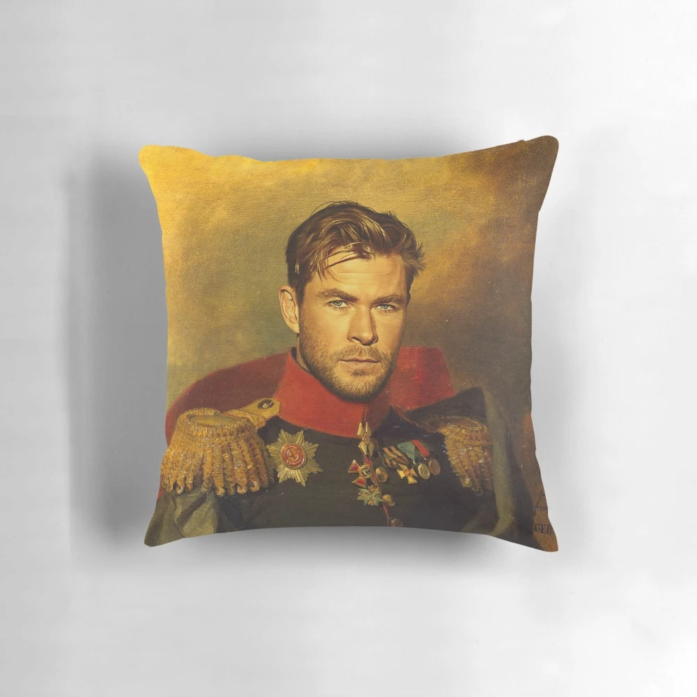 A personalized pillow featuring a photoshopped portrait of actor Chris Hemsworth as the Marvel superhero Thor.