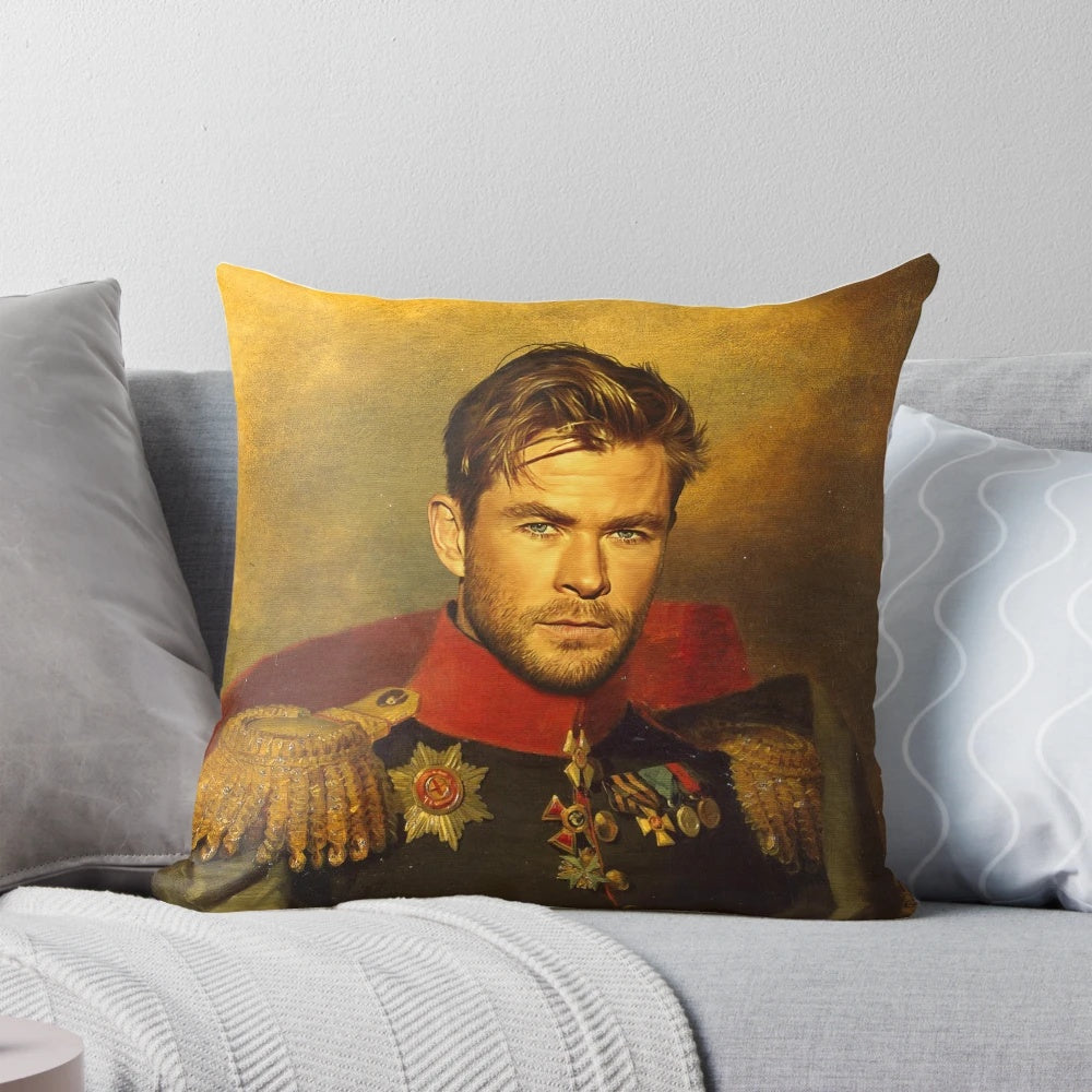 A personalized pillow featuring a photoshopped portrait of actor Chris Hemsworth as the Marvel superhero Thor.