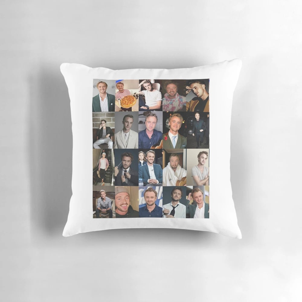 Collage of Tom Felton as Draco Malfoy in Harry Potter, printed on a soft, comfortable pillow cover