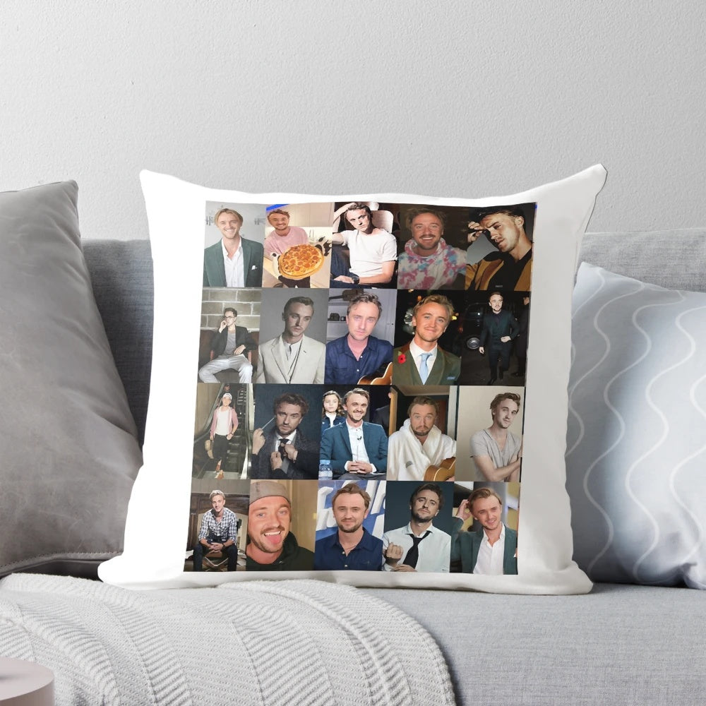 Collage of Tom Felton as Draco Malfoy in Harry Potter, printed on a soft, comfortable pillow cover