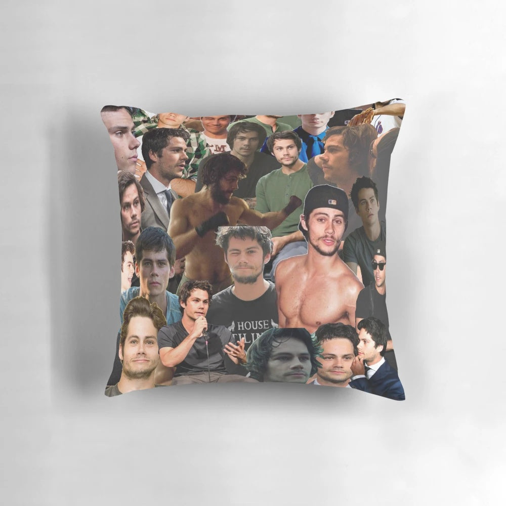 Collage of Dylan O'Brien photos on a decorative throw pillow