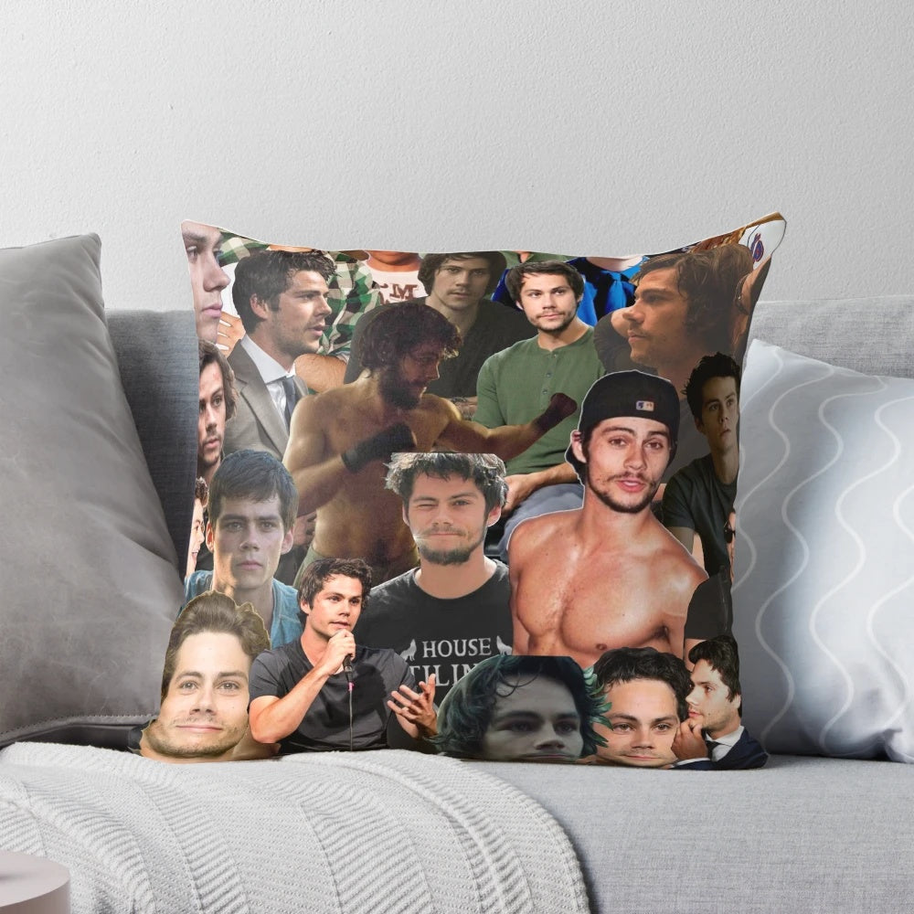 Collage of Dylan O'Brien photos on a decorative throw pillow