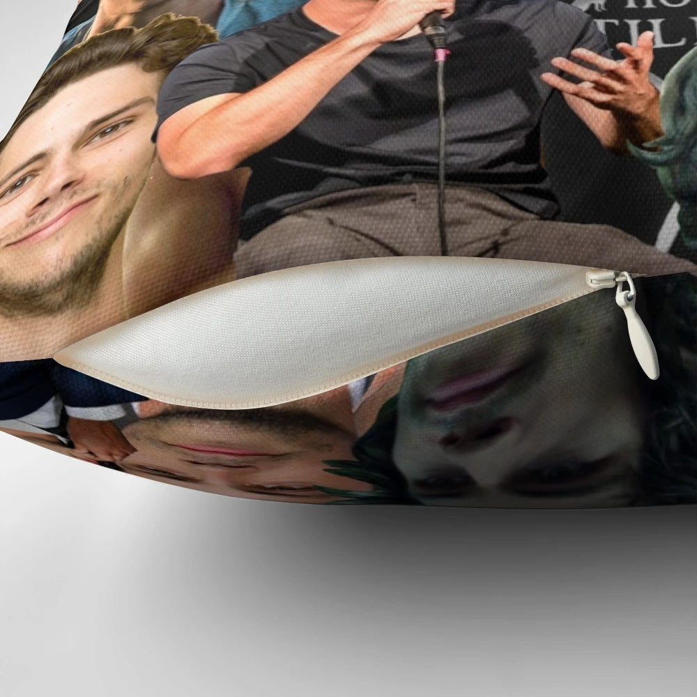Collage of Dylan O'Brien photos on a decorative throw pillow
