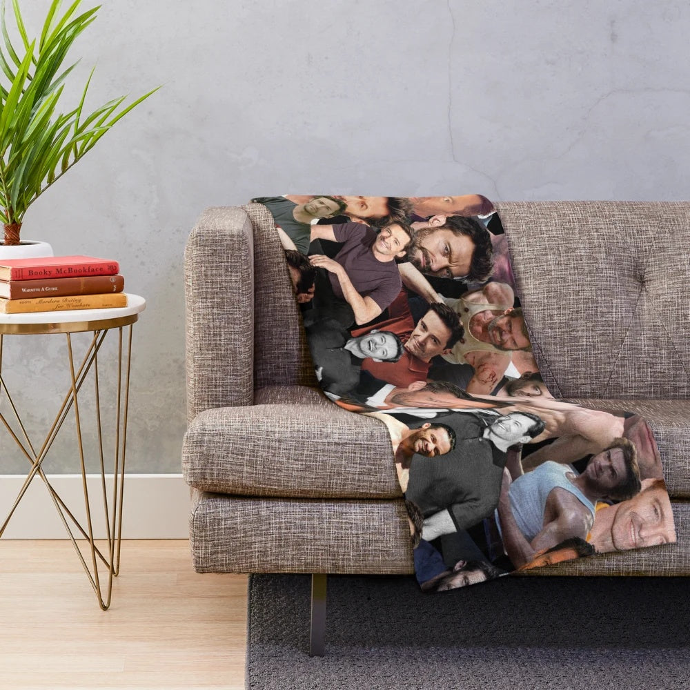 Soft and cozy plush blanket featuring a custom collage of Hugh Jackman photos