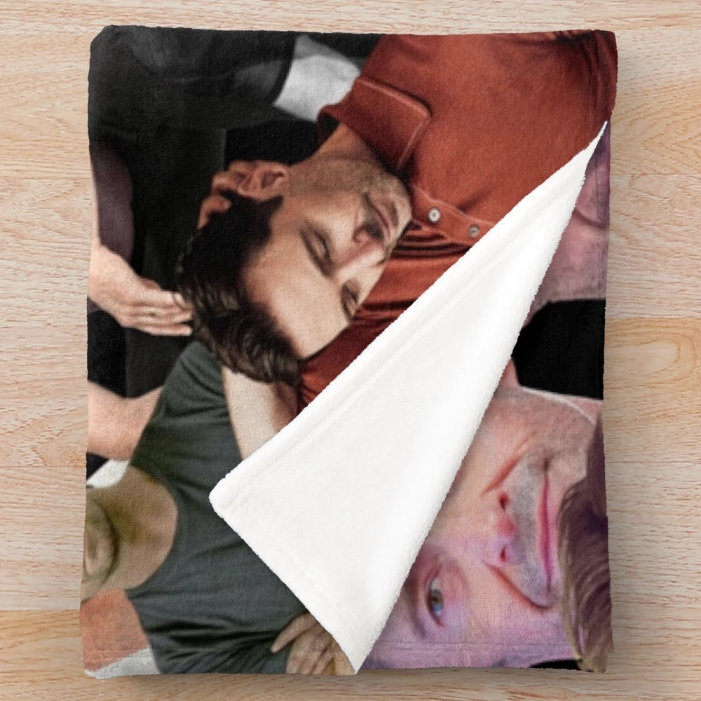 Soft and cozy plush blanket featuring a custom collage of Hugh Jackman photos