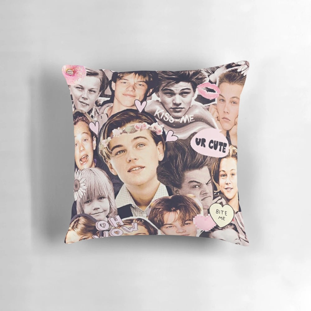 Collage of images featuring actor Leonardo DiCaprio printed on a plush pillow