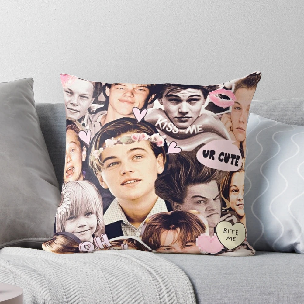 Collage of images featuring actor Leonardo DiCaprio printed on a plush pillow