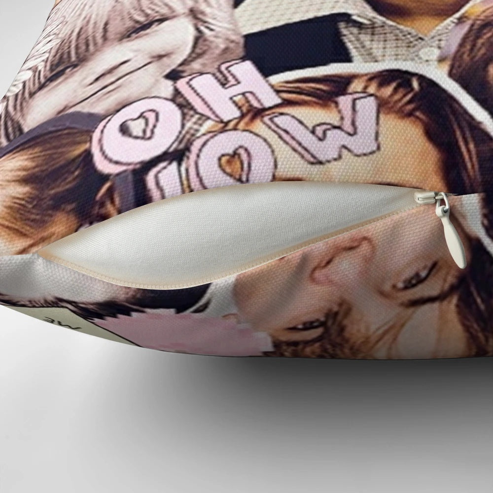 Collage of images featuring actor Leonardo DiCaprio printed on a plush pillow