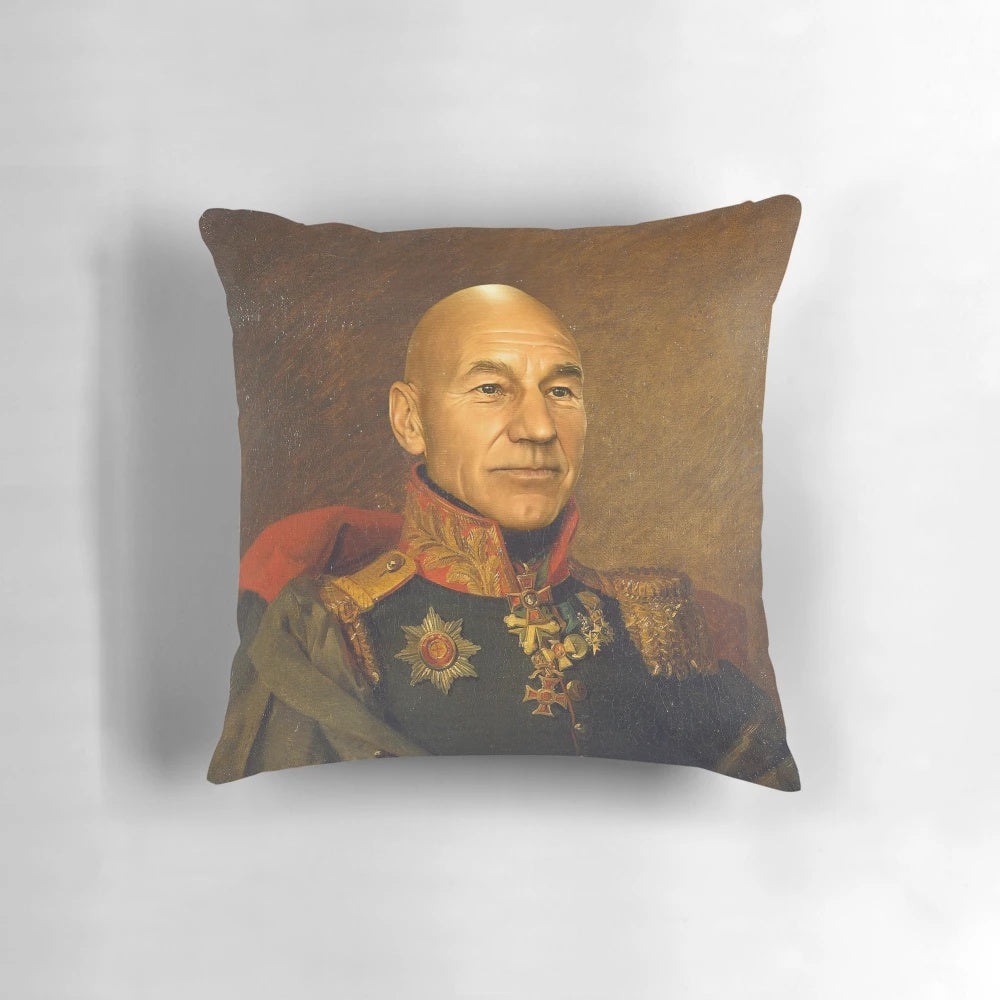 Customized pillow featuring a replacement face design of actor Patrick Stewart