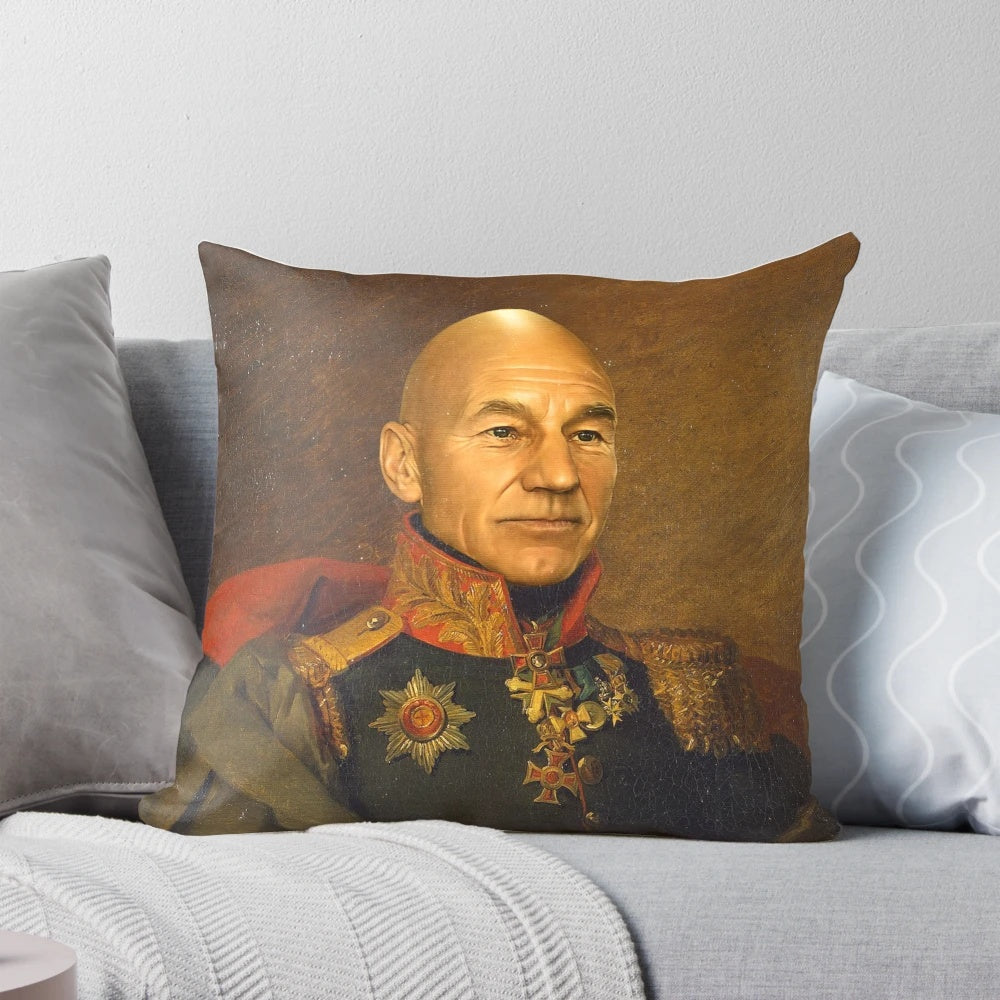 Customized pillow featuring a replacement face design of actor Patrick Stewart
