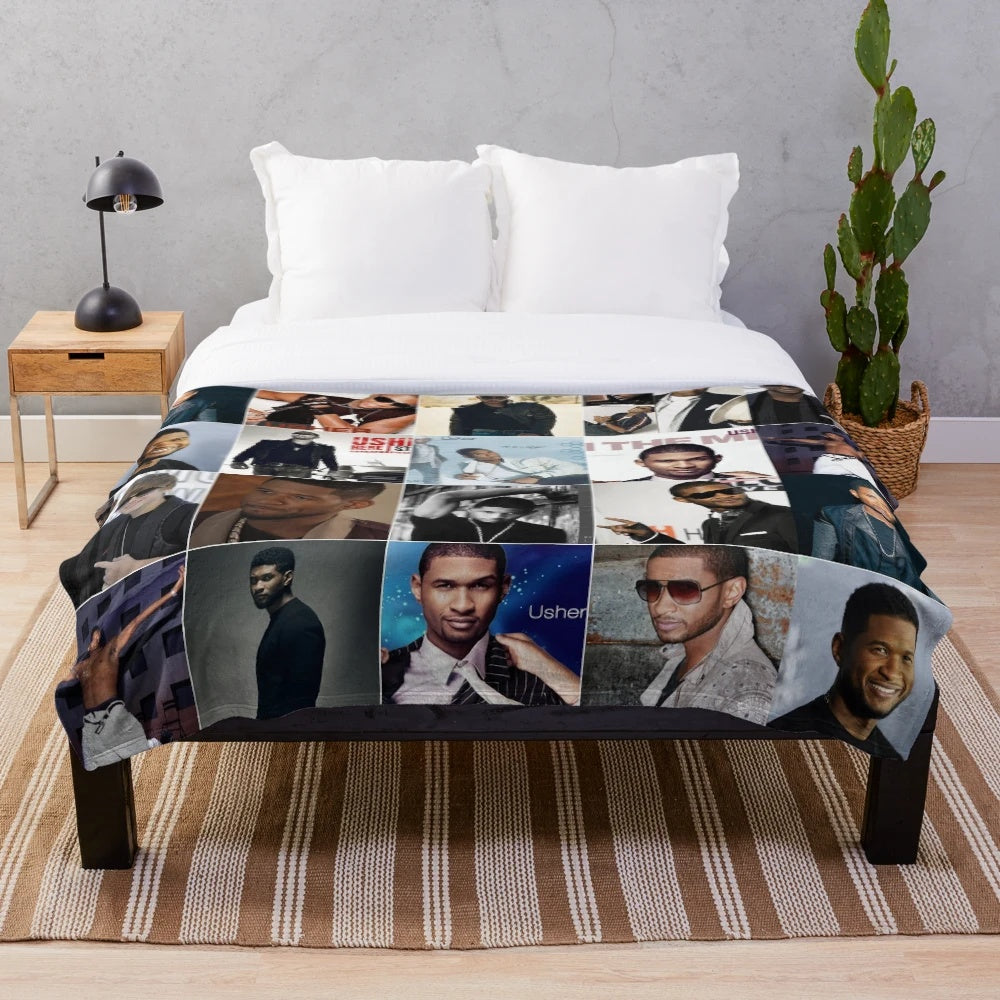 Usher singer photo collage print on a plush blanket