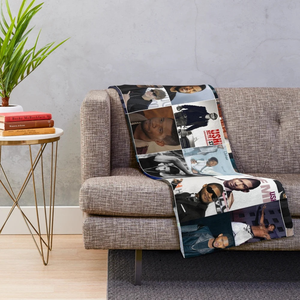 Usher singer photo collage print on a plush blanket