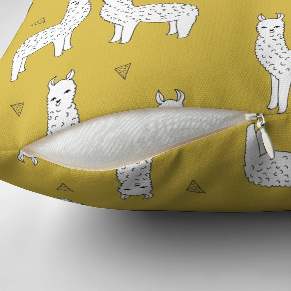 Alpaca-themed decorative pillow in mustard color, designed by Andrea Lauren