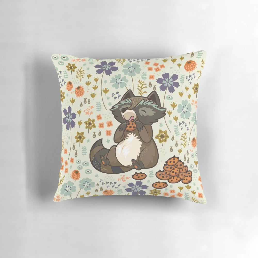 Adorable vector illustration of a raccoon eating cookies on a throw pillow