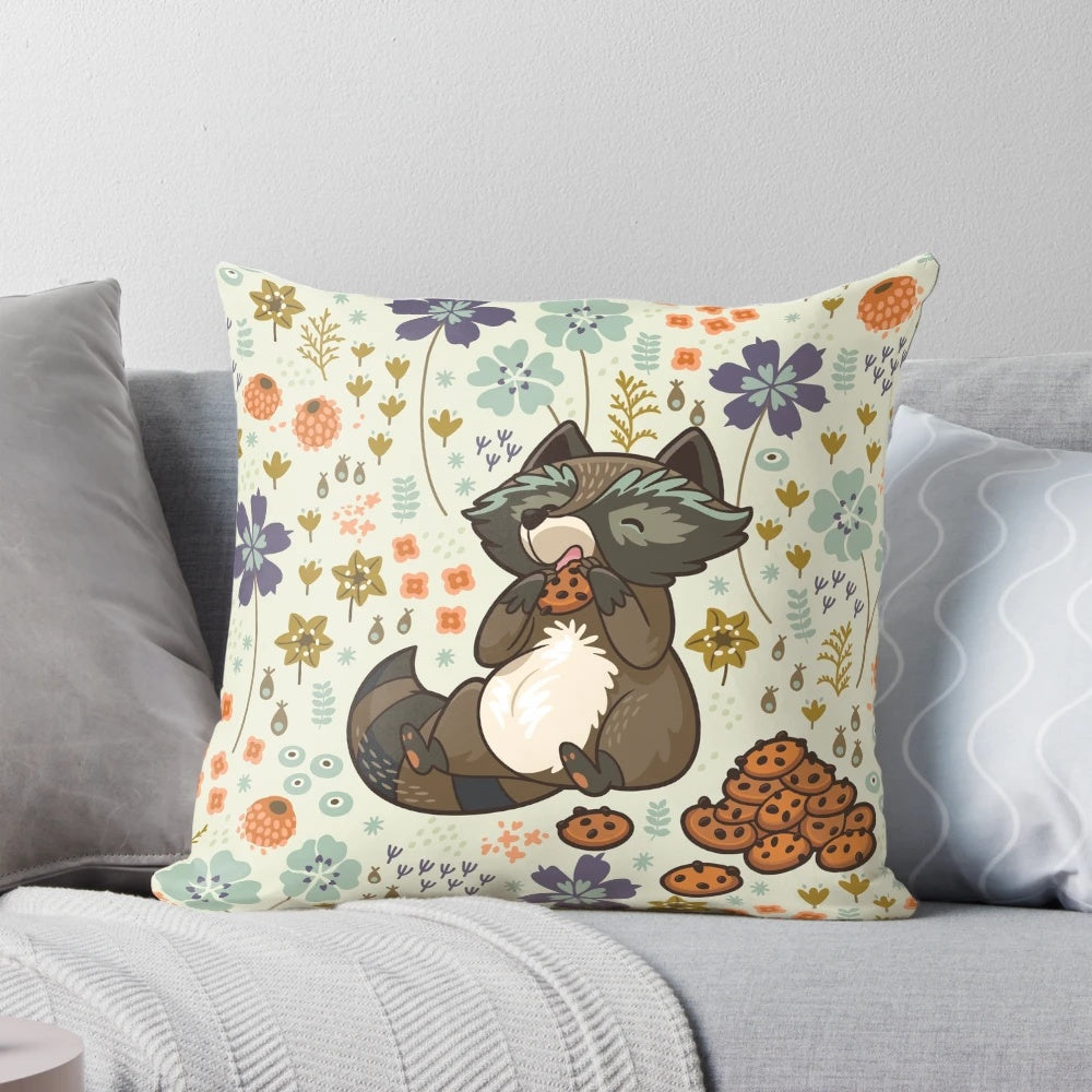 Adorable vector illustration of a raccoon eating cookies on a throw pillow