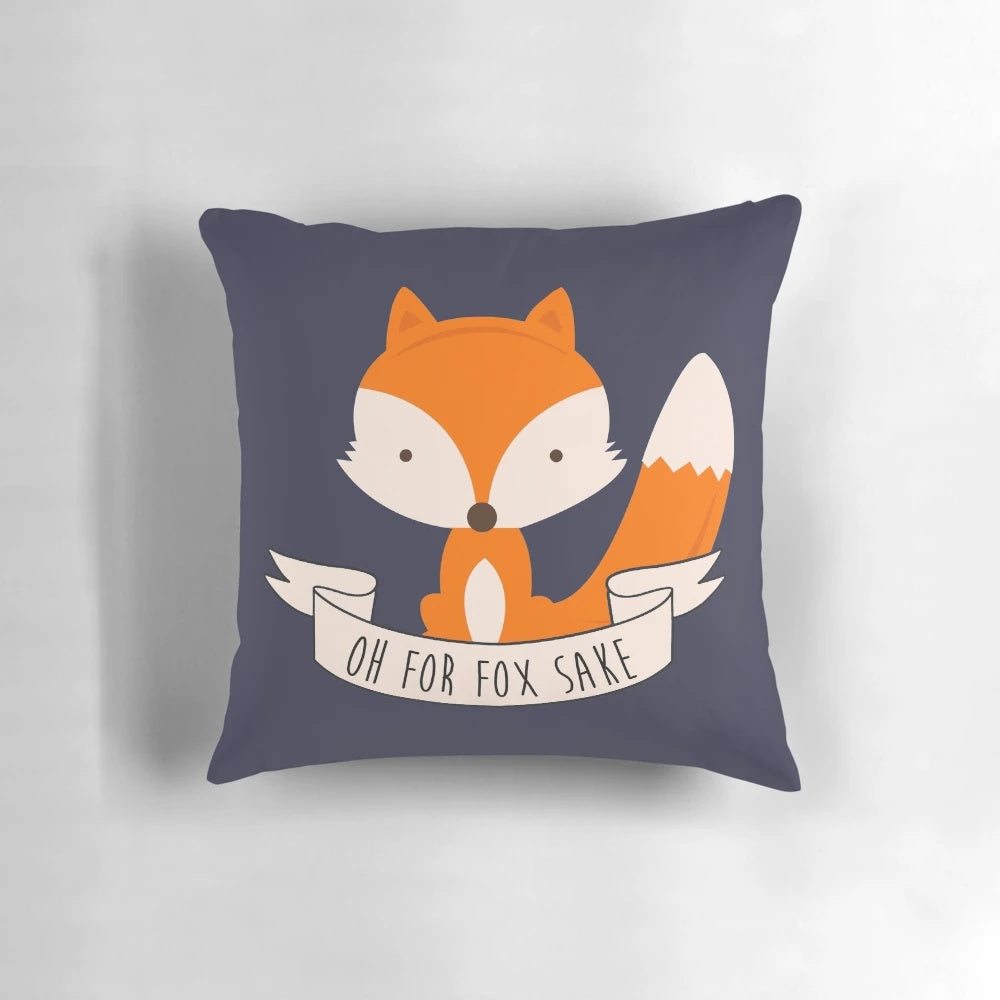Colorful throw pillow featuring a playful fox design with the text "Oh For Fox Sake"