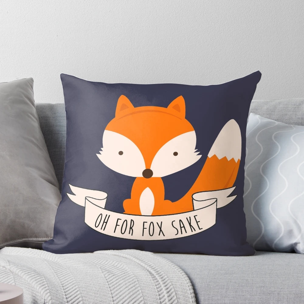Colorful throw pillow featuring a playful fox design with the text "Oh For Fox Sake"